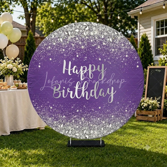 Lofaris Purple and Silver Glitter Happy Birthday Round Backdrop Elegant Diamond Sparkle Celebration Party Decor