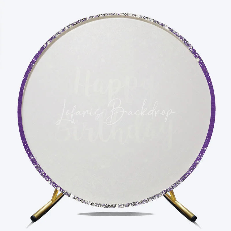 Lofaris Purple and Silver Glitter Happy Birthday Round Backdrop Elegant Diamond Sparkle Celebration Party Decor