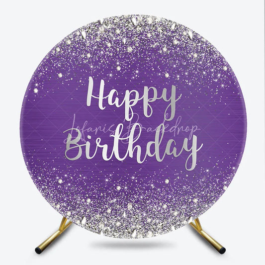 Lofaris Purple and Silver Glitter Happy Birthday Round Backdrop Elegant Diamond Sparkle Celebration Party Decor