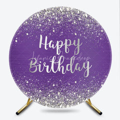 Lofaris Purple and Silver Glitter Happy Birthday Round Backdrop Elegant Diamond Sparkle Celebration Party Decor