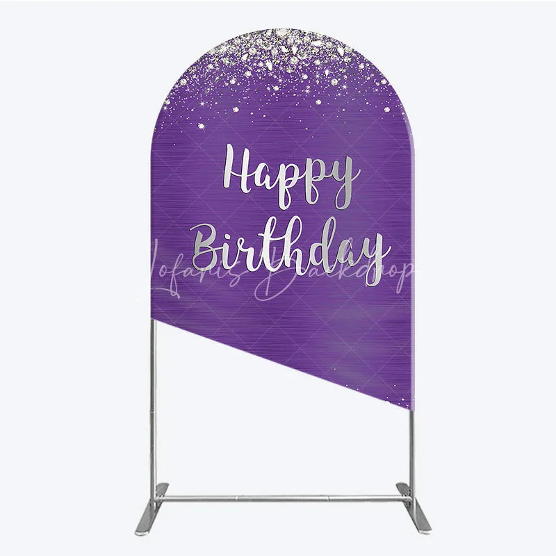 Lofaris Purple and Silver Glitter Happy Birthday Round Top Arch Backdrop Elegant Diamond Sparkle Party Decor