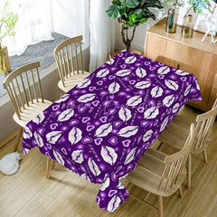 Lofaris Purple Background White Kiss Lip Rectangle Tablecloth I Love You Text Print Fun Galentine Party Decor