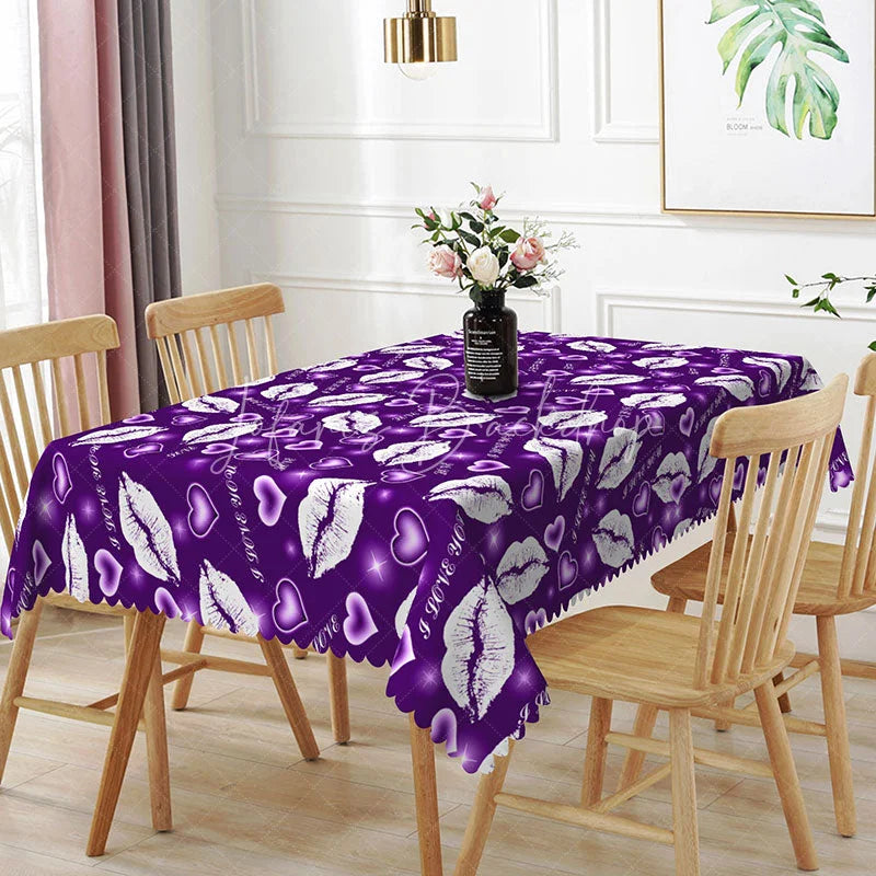 Lofaris Purple Background White Kiss Lip Rectangle Tablecloth I Love You Text Print Fun Galentine Party Decor