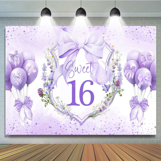 Lofaris Purple Balloons Bow Floral Sweet 16 Birthday Backdrop