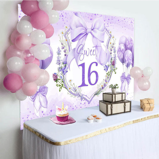 Lofaris Purple Balloons Bow Floral Sweet 16 Birthday Backdrop