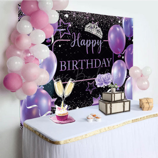 Lofaris Purple Balloons Glitter Crown Happy Birthday Backdrop
