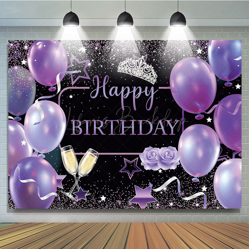 Lofaris Purple Balloons Glitter Crown Happy Birthday Backdrop