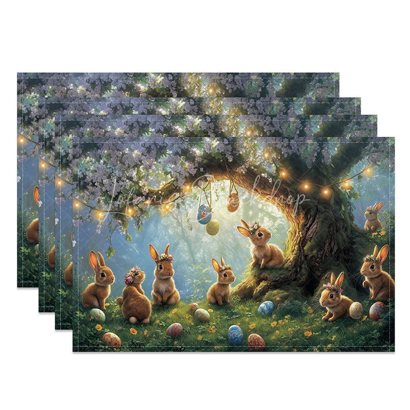Lofaris Purple Blossom Bunny Set of 4 Placemats Spring Floral Tree Easter Holiday Table Mats Decor
