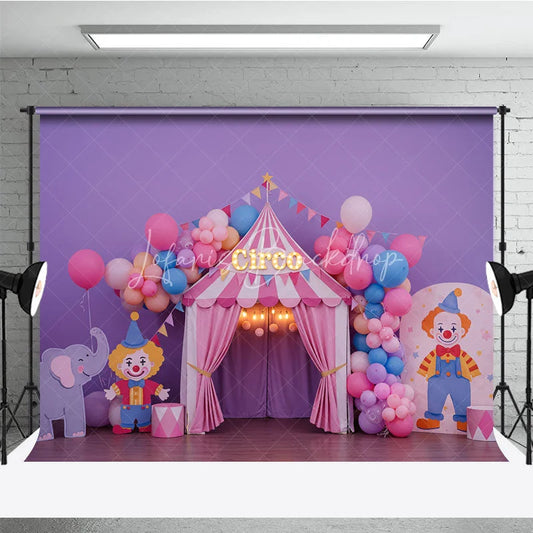 Lofaris Purple Circus Tent Photography Backdrop with Circo Sign Clowns and Balloons for Kids Birthday Party