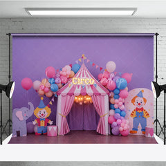 Lofaris Purple Circus Tent Photography Backdrop with Circo Sign Clowns and Balloons for Kids Birthday Party