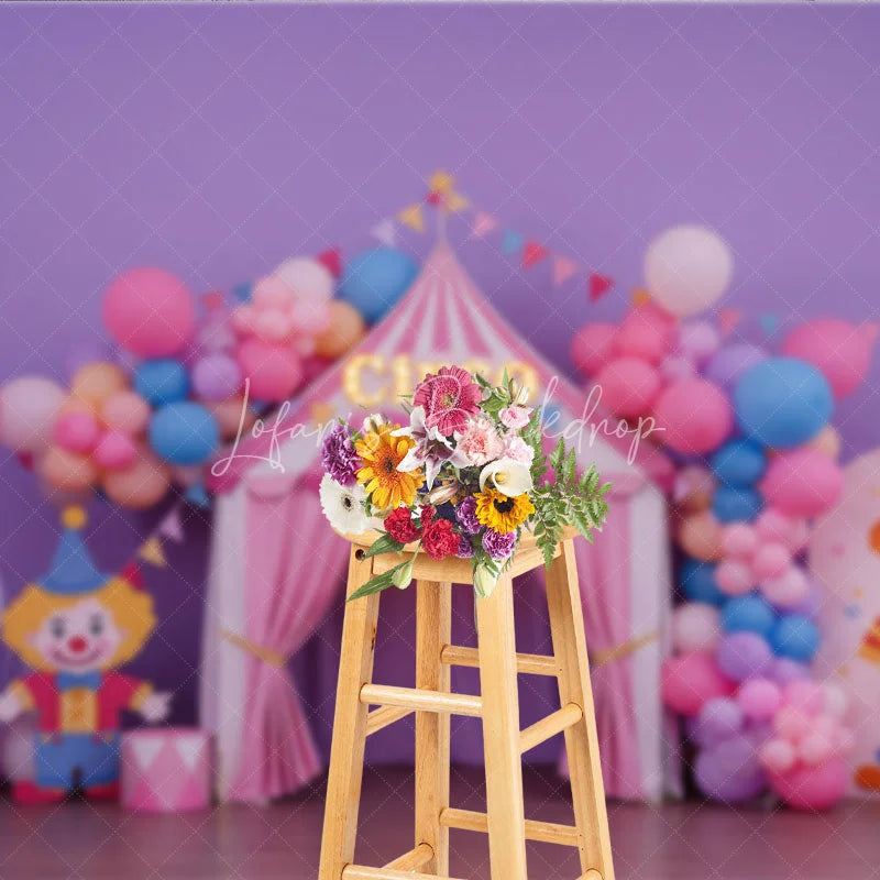 Lofaris Purple Circus Tent Photography Backdrop with Circo Sign Clowns and Balloons for Kids Birthday Party