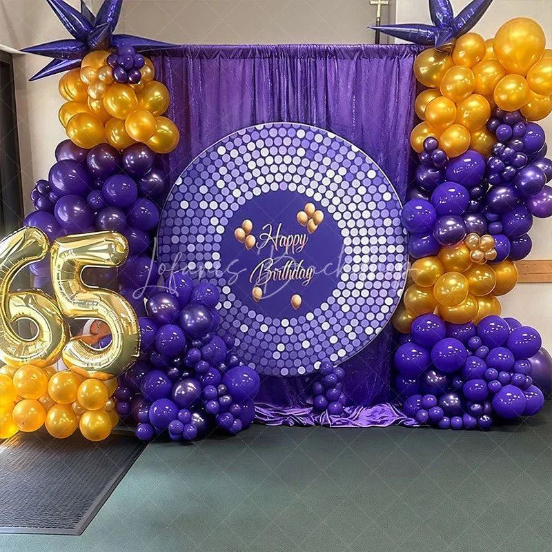 Lofaris Purple Disco Round Backdrop Glittery Sequin Spots Gold Balloons Background Circle Cover for Birthday Party Decoration