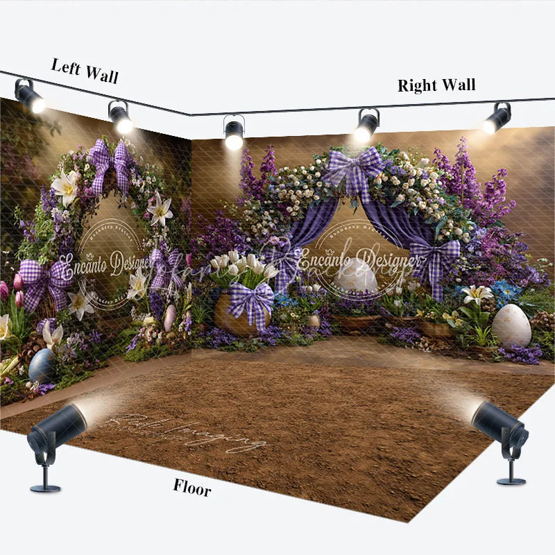 Lofaris Purple Floral Arch Easter Room Set Backdrop Plaid Bows and Giant Eggs Spring Photography Studio Background