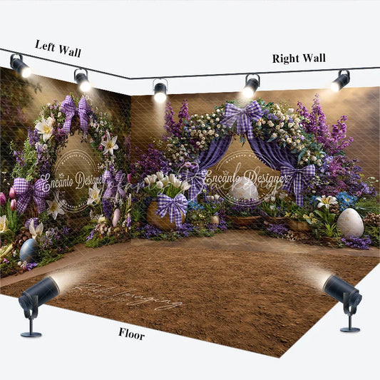Lofaris Purple Floral Arch Easter Room Set Backdrop Plaid Bows and Giant Eggs Spring Photography Studio Background
