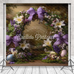 Lofaris Purple Floral Arch Easter Room Set Backdrop Plaid Bows and Giant Eggs Spring Photography Studio Background