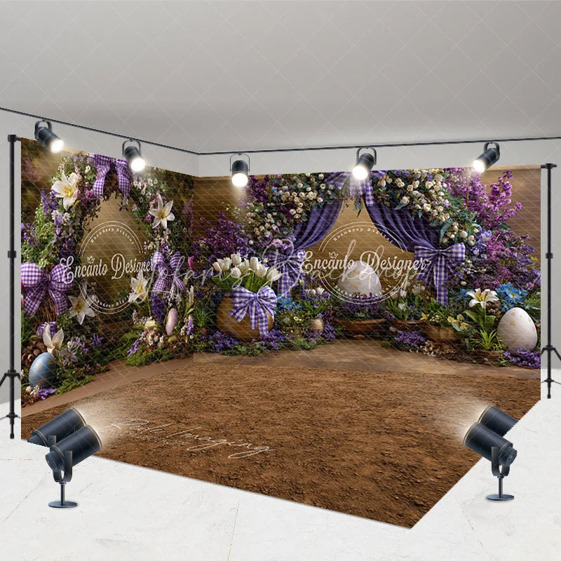 Lofaris Purple Floral Arch Easter Room Set Backdrop Plaid Bows and Giant Eggs Spring Photography Studio Background