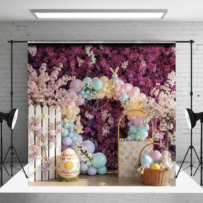 Lofaris Purple Floral Easter Backdrop Spring Garden Balloon Arch Bunny Photography Background Holiday Party Decoration