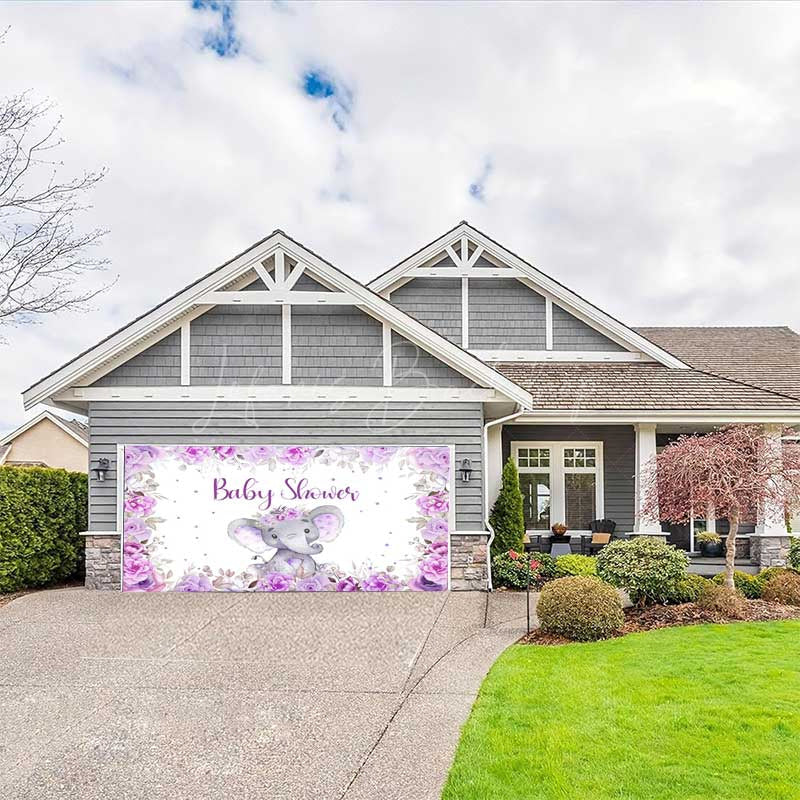 Lofaris Purple Floral Elephant Baby Shower Garage Door Banner