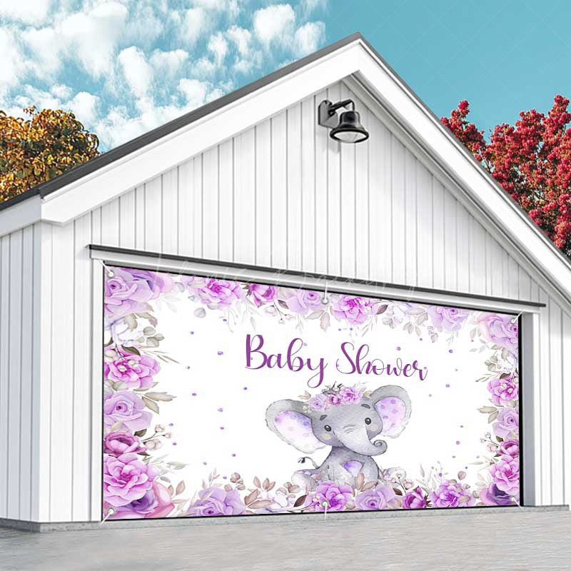 Lofaris Purple Floral Elephant Baby Shower Garage Door Banner