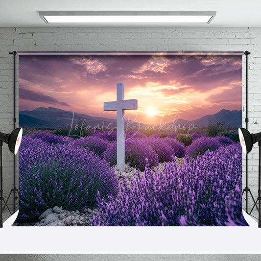 Lofaris Purple Floral Field Sunset Cross Easter Backdrop