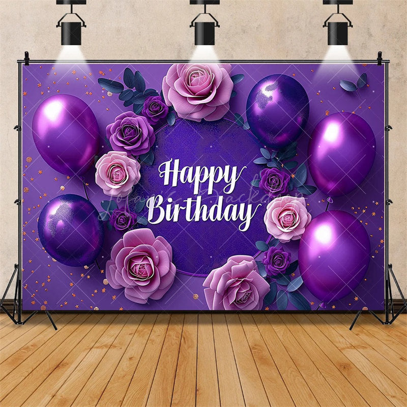 Lofaris Purple Floral Happy Birthday Backdrop for Her Elegant Roses and Balloons Glamorous Women’s Party Photo Booth Decor