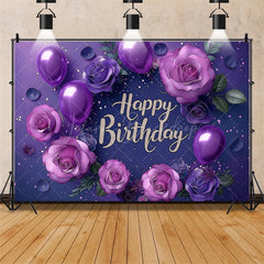 Lofaris Purple Floral Happy Birthday Backdrop for Her Elegant Roses and Balloons Glamorous Women’s Party Photo Booth Decor