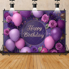 Lofaris Purple Floral Happy Birthday Backdrop for Her Elegant Roses and Balloons Glamorous Women’s Party Photo Booth Decor