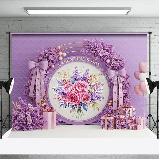 Lofaris Purple Floral Valentine Day Backdrop Rose Flower Wreath Bow Love Background Romantic Photography Banner