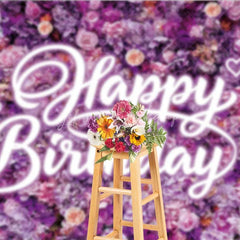 Lofaris Purple Floral Wall Happy Birthday Backdrop Neon Light Style Text Party Decoration