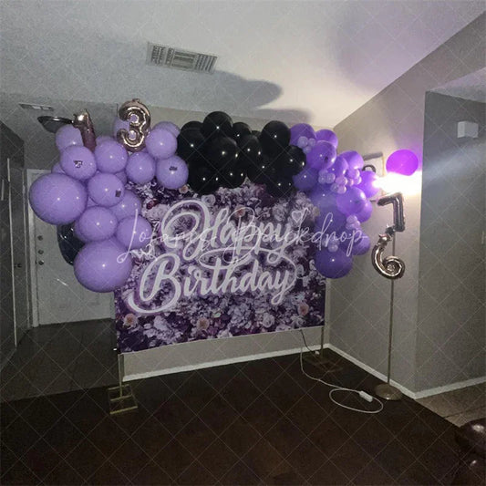Lofaris Purple Floral Wall Happy Birthday Backdrop Neon Light Style Text Party Decoration