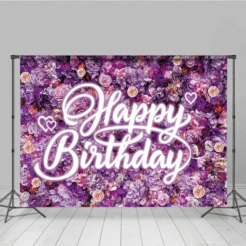 Lofaris Purple Floral Wall Happy Birthday Backdrop Neon Light Style Text Party Decoration