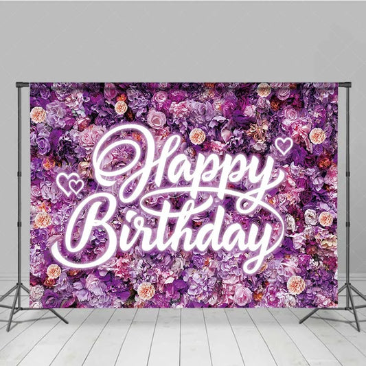 Lofaris Purple Floral Wall Happy Birthday Backdrop Neon Light Style Text Party Decoration