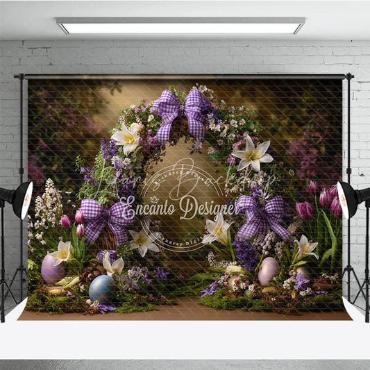 Lofaris Purple Floral Wreath Easter Backdrop Gingham Bow and Spring Lily Photography Background