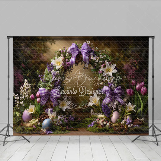 Lofaris Purple Floral Wreath Easter Backdrop Gingham Bow and Spring Lily Photography Background
