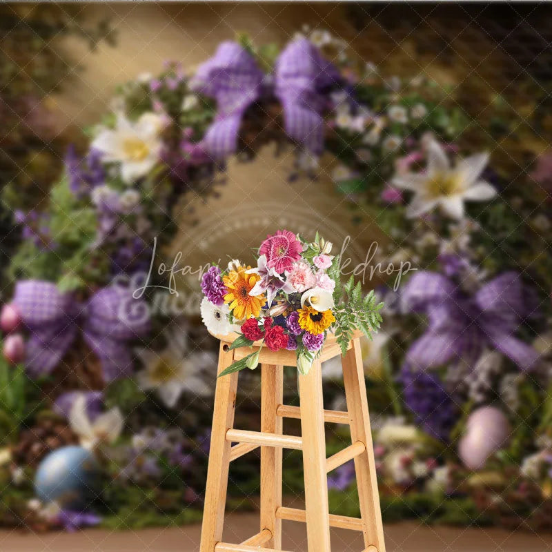 Lofaris Purple Floral Wreath Easter Backdrop Gingham Bow and Spring Lily Photography Background