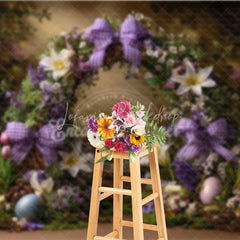 Lofaris Purple Floral Wreath Easter Backdrop Gingham Bow and Spring Lily Photography Background