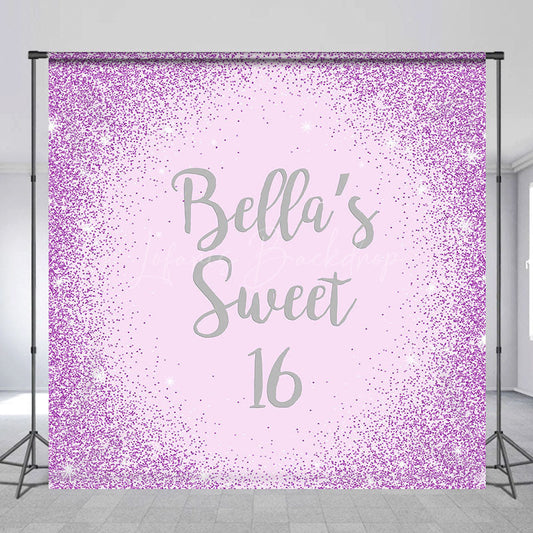Lofaris Purple Glitter Custom Name Sweet 16 Birthday Backdrop