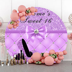 Lofaris Purple Glitter Sweet Sixteen Round Backdrop Elegant High Heels Diamond Bow Quilted Pattern Party