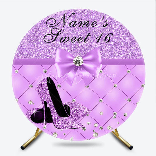 Lofaris Purple Glitter Sweet Sixteen Round Backdrop Elegant High Heels Diamond Bow Quilted Pattern Party