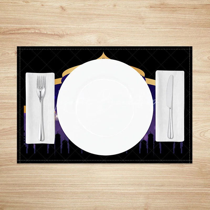 Lofaris Purple Gold Ramadan Set of 4 Placemats Ornate Moon and Lanterns Mosque Silhouette Eid Mubarak Table Mats