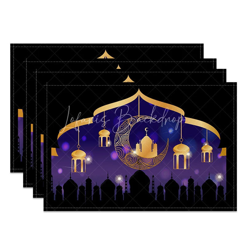 Lofaris Purple Gold Ramadan Set of 4 Placemats Ornate Moon and Lanterns Mosque Silhouette Eid Mubarak Table Mats