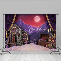 Lofaris Purple Gothic Castle Full Moon Photography Backdrop Vampire Halloween Party Decor with Bats and Treasure Chest