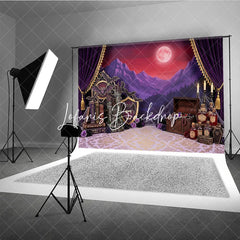Lofaris Purple Gothic Castle Full Moon Photography Backdrop Vampire Halloween Party Decor with Bats and Treasure Chest