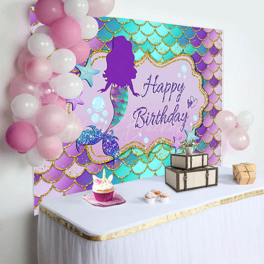Lofaris Purple Green Mermaid Scales Happy Birthday Backdrop