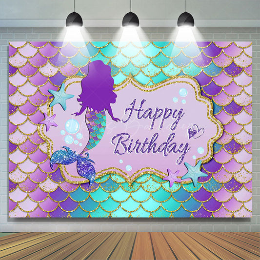 Lofaris Purple Green Mermaid Scales Happy Birthday Backdrop