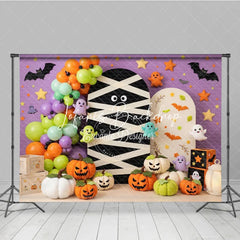 Lofaris Purple Halloween Photography Backdrop with Mummy Cute Ghosts Jack-o’-Lanterns and Balloons Autumn Party Decor