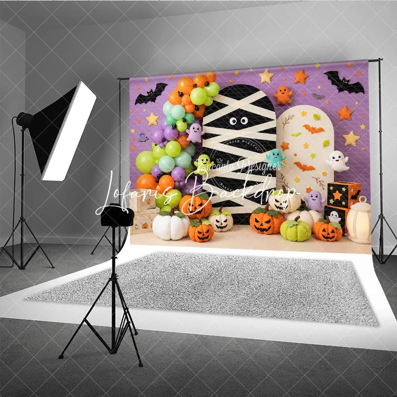 Lofaris Purple Halloween Photography Backdrop with Mummy Cute Ghosts Jack-o’-Lanterns and Balloons Autumn Party Decor
