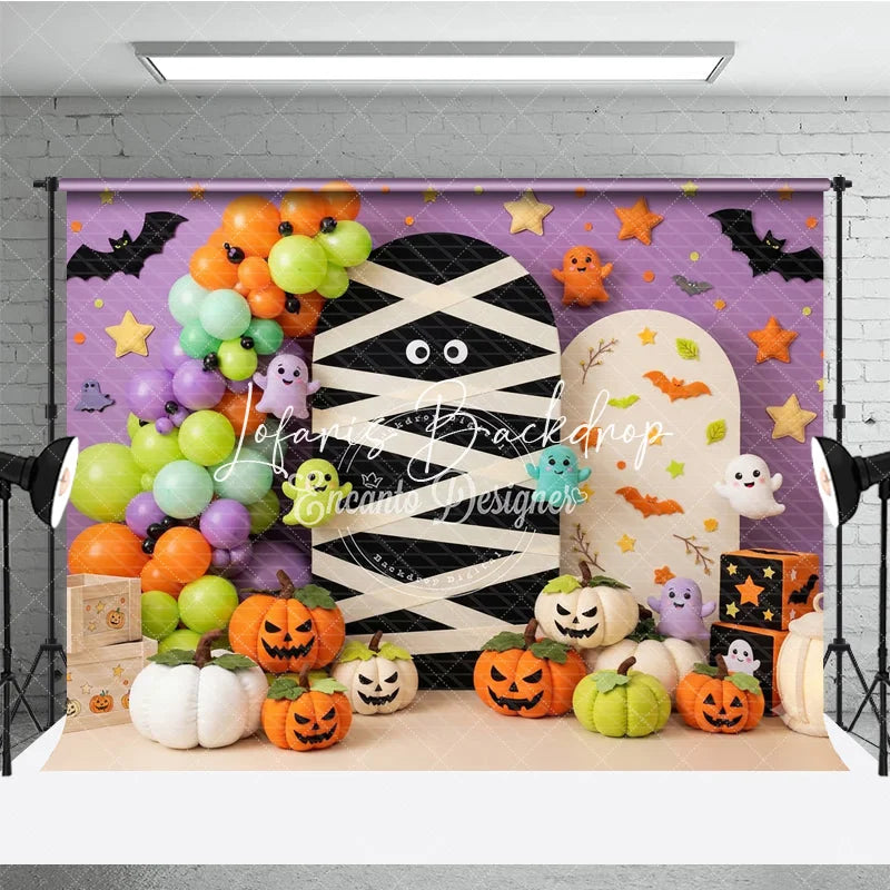 Lofaris Purple Halloween Photography Backdrop with Mummy Cute Ghosts Jack-o’-Lanterns and Balloons Autumn Party Decor
