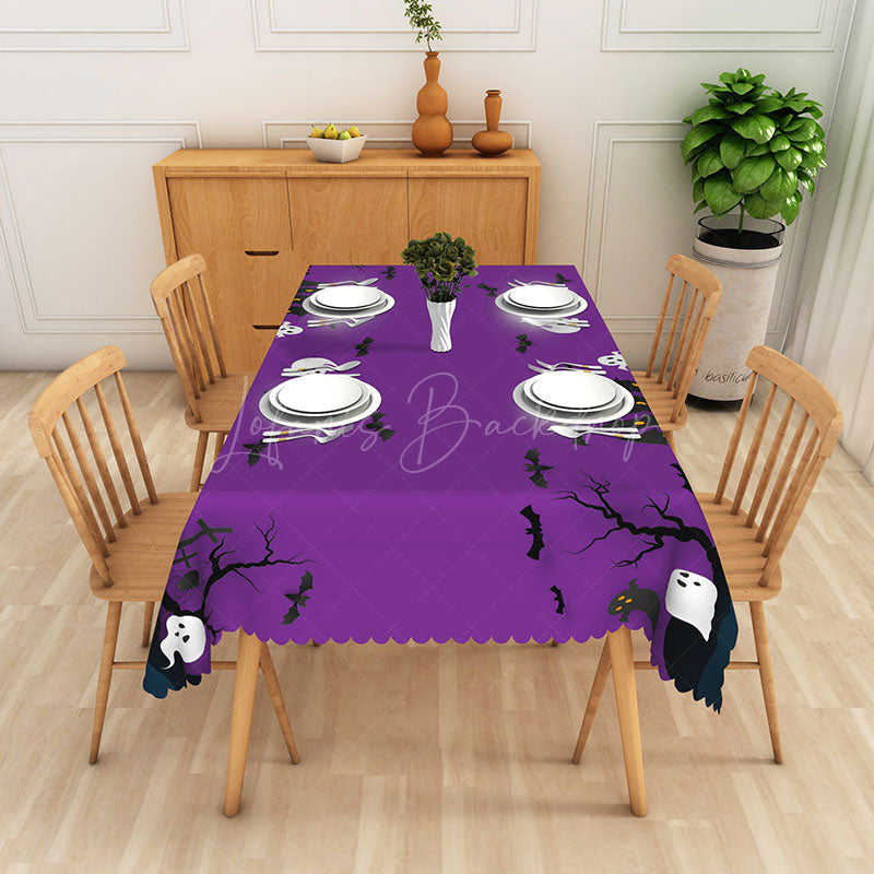 Lofaris Purple Halloween Rectangle Tablecloth with Black Bats and Ghosts for Spooky Night Party Decorations