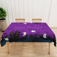 Lofaris Purple Halloween Rectangle Tablecloth with Black Bats and Ghosts for Spooky Night Party Decorations